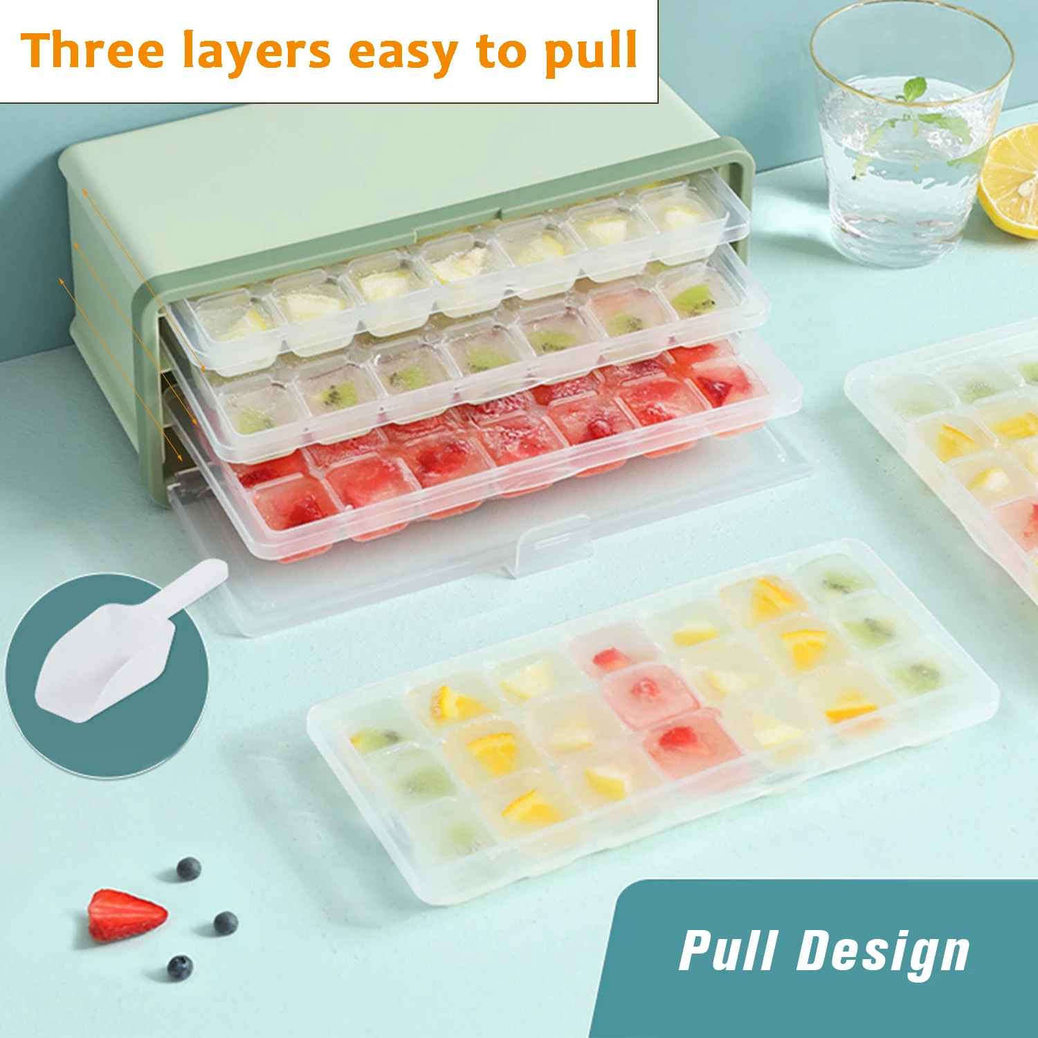 Three-Layer Ice Cube Tray with Lid Mold, Plastic Ice Cube Maker with Scoop Ice Cube Molds Trays Storage Box Ice Maker Coke Coffe