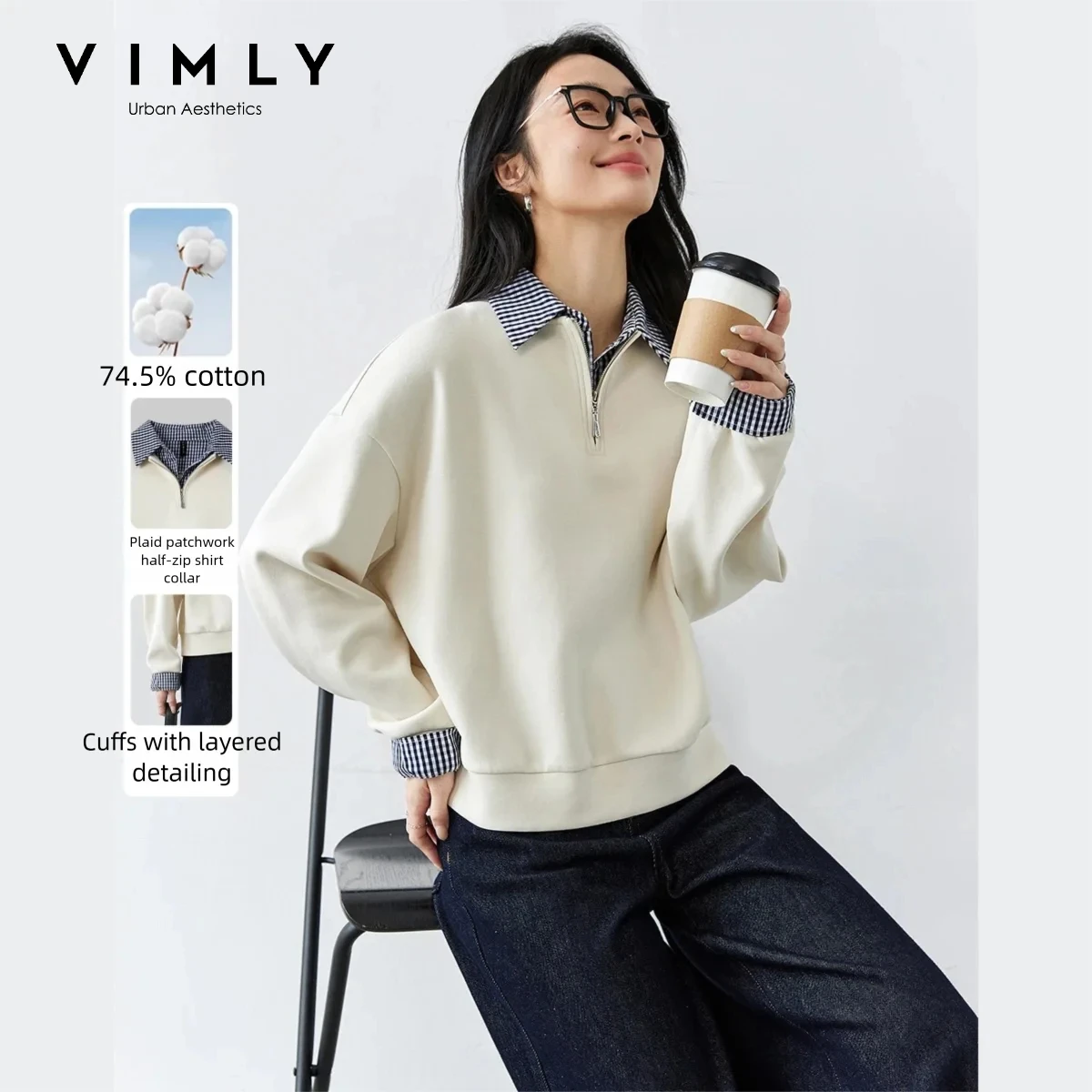 VIMLY Fashion Casual Fake‑two‑piece Sweatshirt 2026 Fall Plaid‑spliced Shirt‑collar Loose-fit Pullover Elegant Female Tops A0083