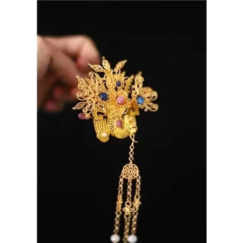 

Адаптация Hanfu, оригинальный дизайн, чистая медь, позолоченная, с аксессуарами из драгоценных камней, заколка для волос с имитацией шелка Феникса