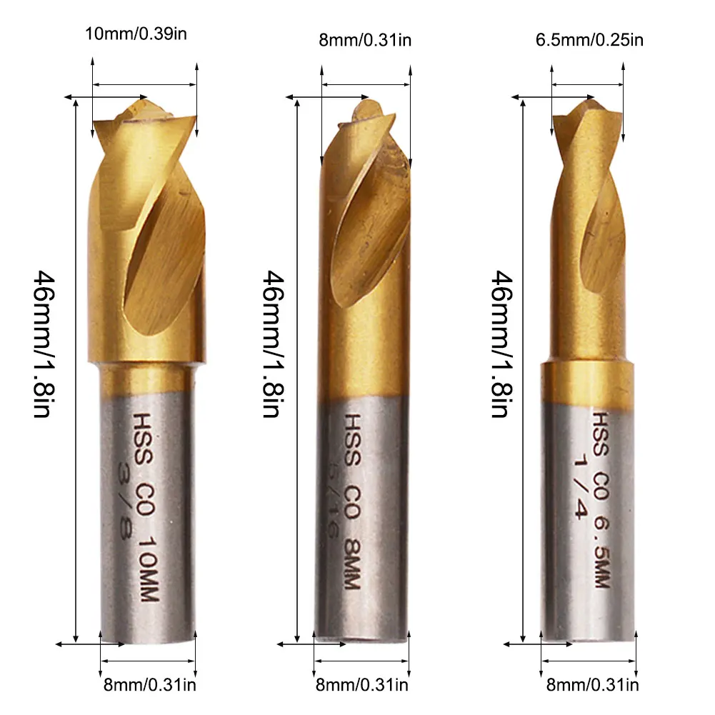 3Pcs 6.5/8/10mm HSS CO Spot Weld Drill Bit Set Titanium Plating Sawtooth Point Countersink Bit for Wood Steel Milling