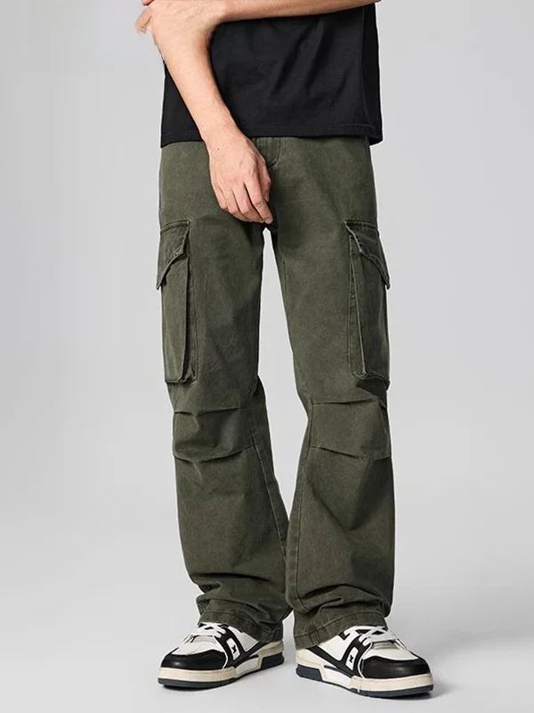 

BGXMB American Retro Multi-ket Pleated Work Pants Men's Women's Pure Cotton Comfortable Casual Pants Long Pants