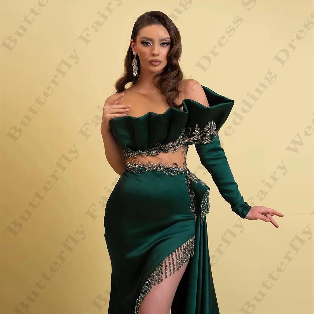 فساتين سهرة أنيقة رائعة من الساتان ، Gowns بسيط بدون ظهر مثير قبالة الكتف بأكمام طويلة عالية شق التطهير فساتين حفلة موسيقية ، جديد