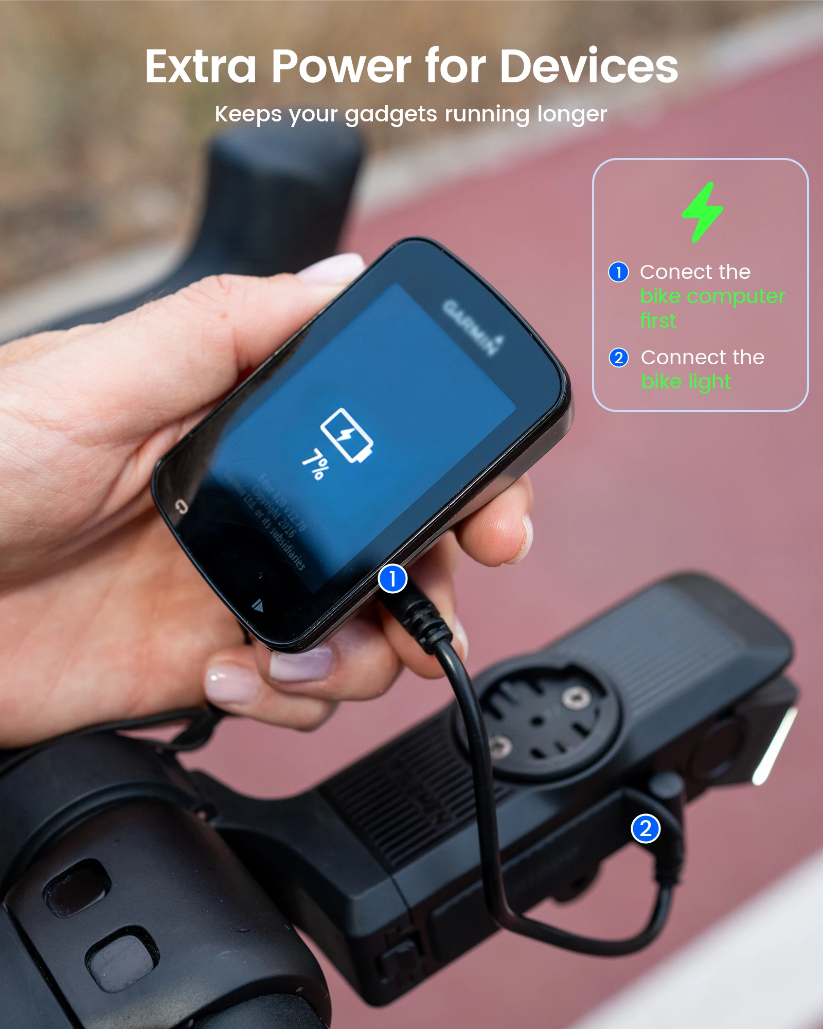 مصباح أمامي للدراجة RAVEMEN FR1000 لـ Garmin Wahoo Bryton IGPSPORT GPS قابل لإعادة الشحن للدراجة مصباح أمامي وتصميم قوس + AGM03