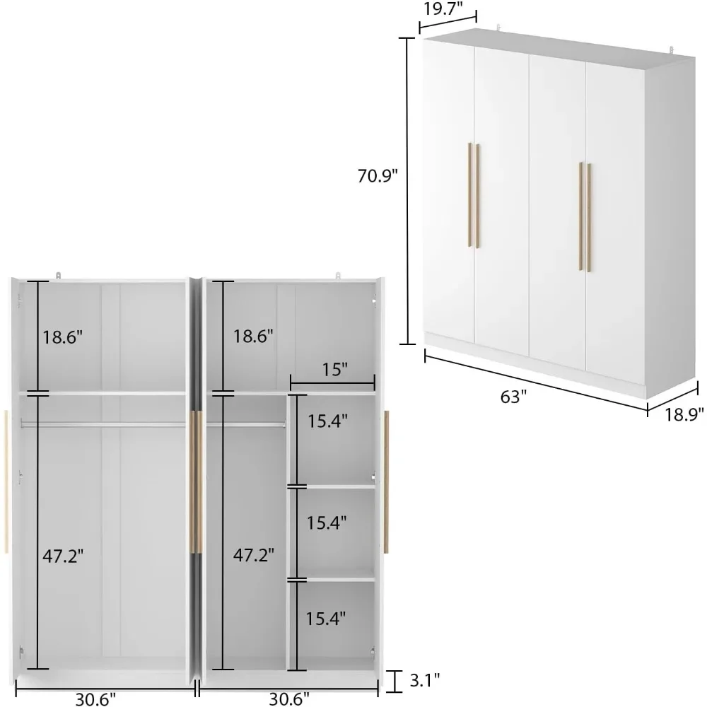 Garderobekast Armoire Houten Kast Met 4 Deuren, 7 Opbergkubussen En 3 Hangende Staven Voor Slaapkamer