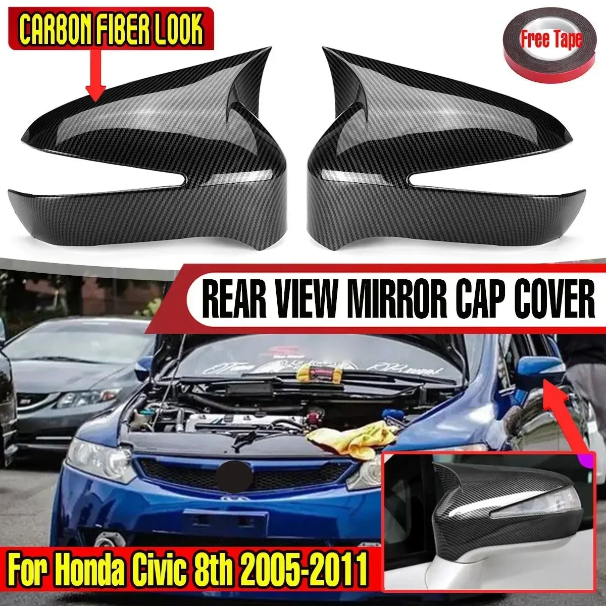 2pcs Car Side Wing Rearview Mirror Cover Cap Shell Case For Honda Civic 8th Gen 2005-2011 Add-on Rear View Mirror Cover Trim