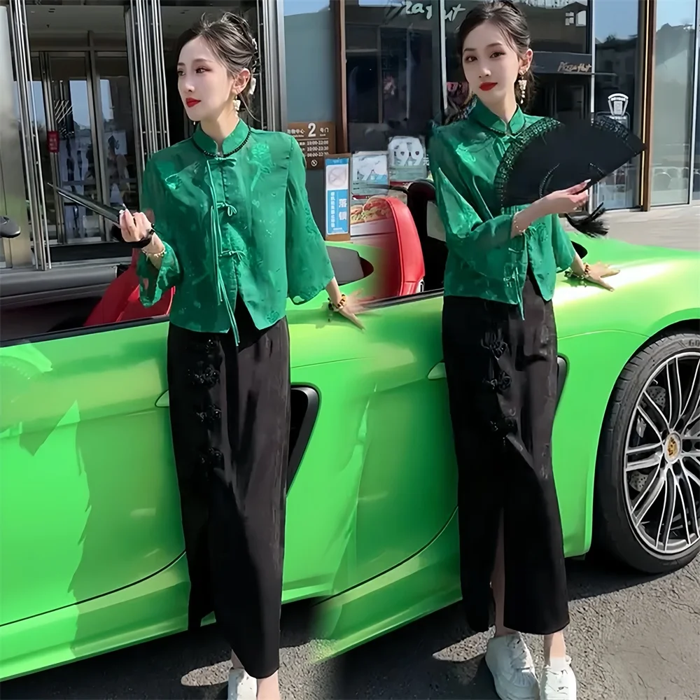 New Chinese Retro Fashion Set Women's Spring New Slimming Tassel Open Cardigan Lightweight Skirt Two-Piece Suit Polyester Fiber