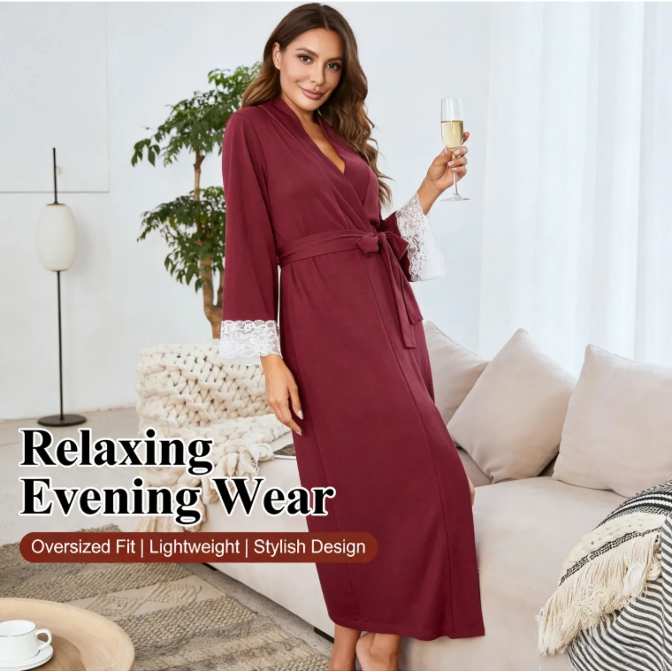 

Lace Patchwork Tie Waist Robe For Women Long Sleeve Loose Long Style Hotel Homestay Guest Bathrobe Pajamas
