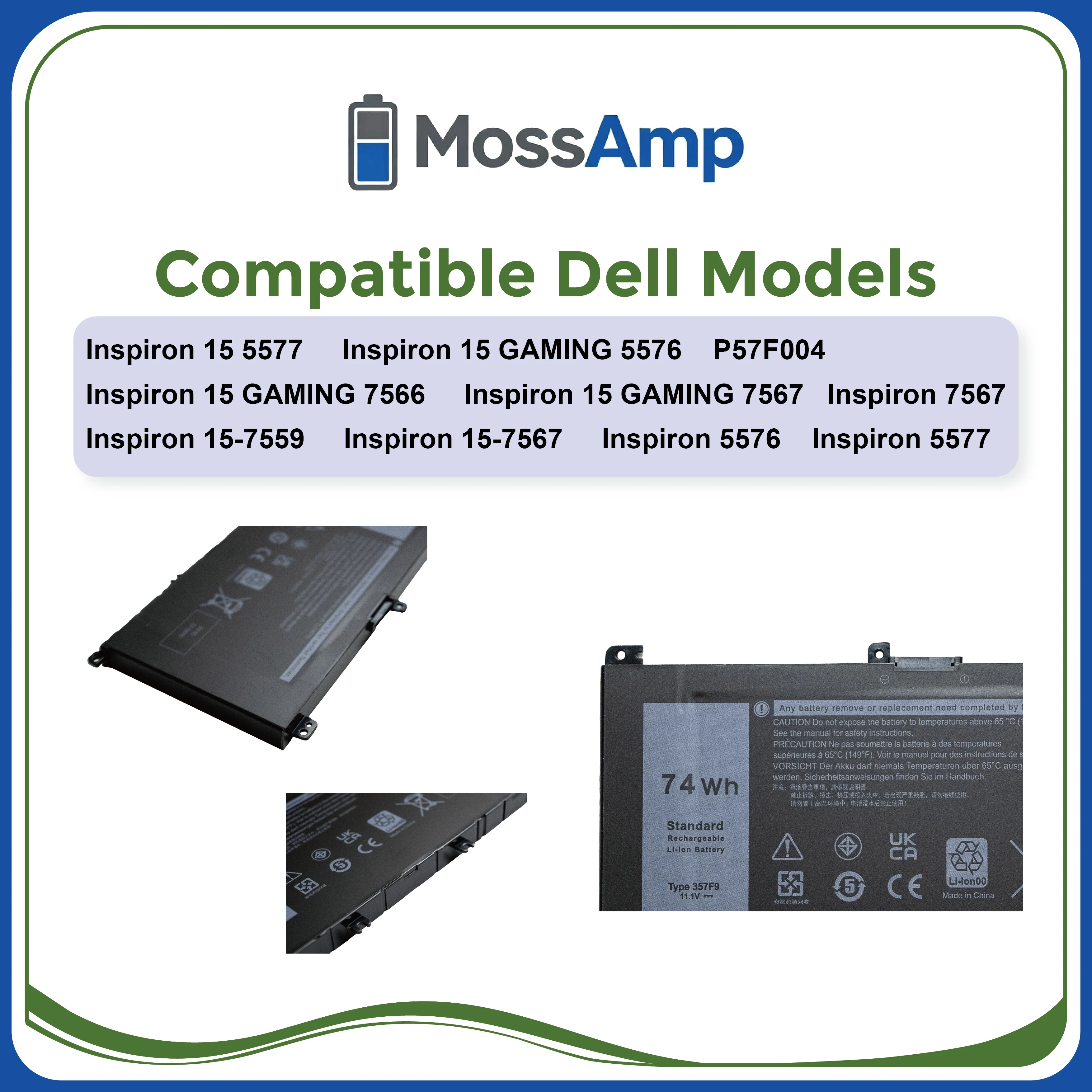 MossAmp 357F9 Laptop Battery for Inspiron 15 7000 Gaming 5000 Gaming 7557 7559 7566 7567 5576 5577 7759 P65F P57F 71JF4 0GFJ6 view 2