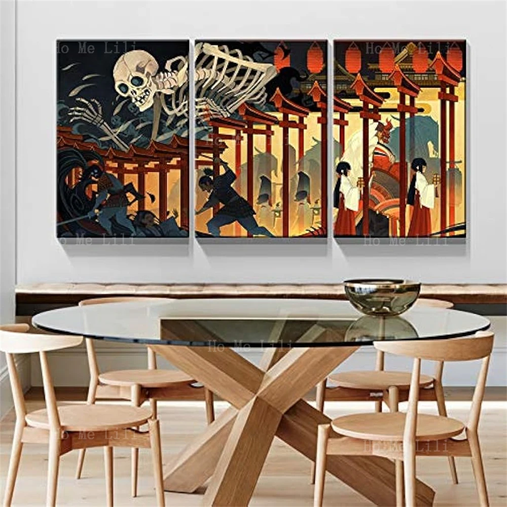 3 Pieces Canvas Wall Art Utagawa Kuniyotaki Yasha Witch And Skeleton Ghost Ukiyo-E Modern Home Wall Decoration