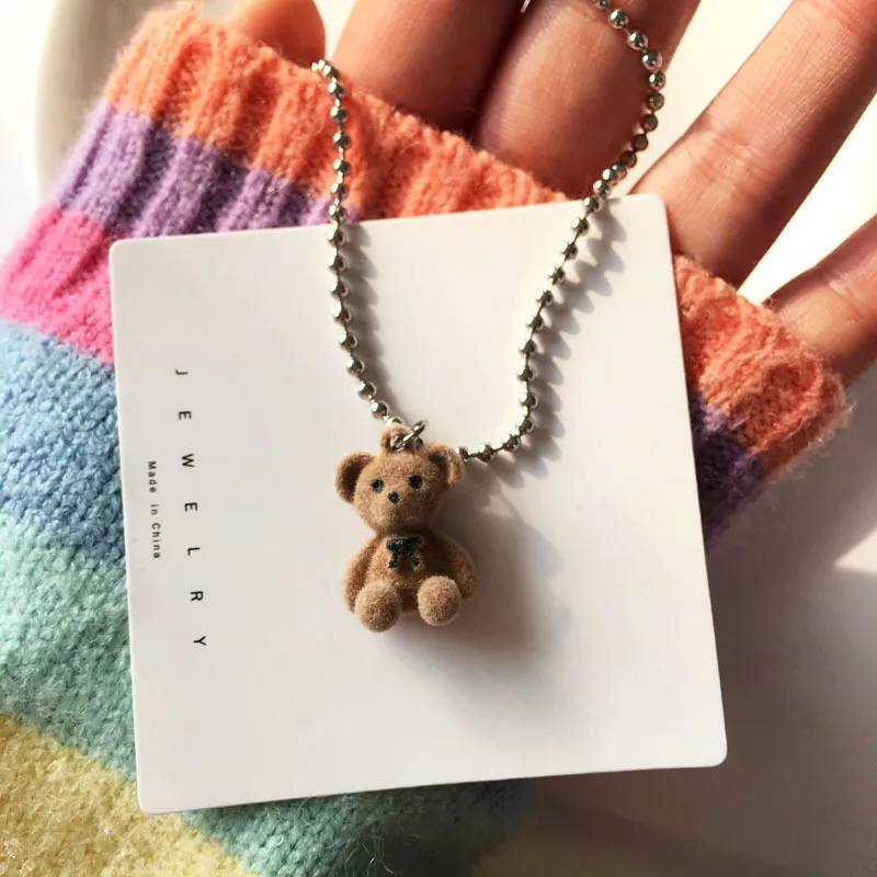 Cute Plush Bear Pendant Necklace for Girls Women Korean Fashion Bear Long Sweater Neck Chain Necklaces Collar Jewelry