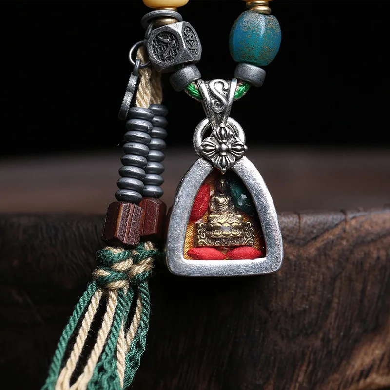 Tibetan-style medicinal Buddha Gahu box pendant sweater chain, vintage bone and glass accessories, woven rope necklace
