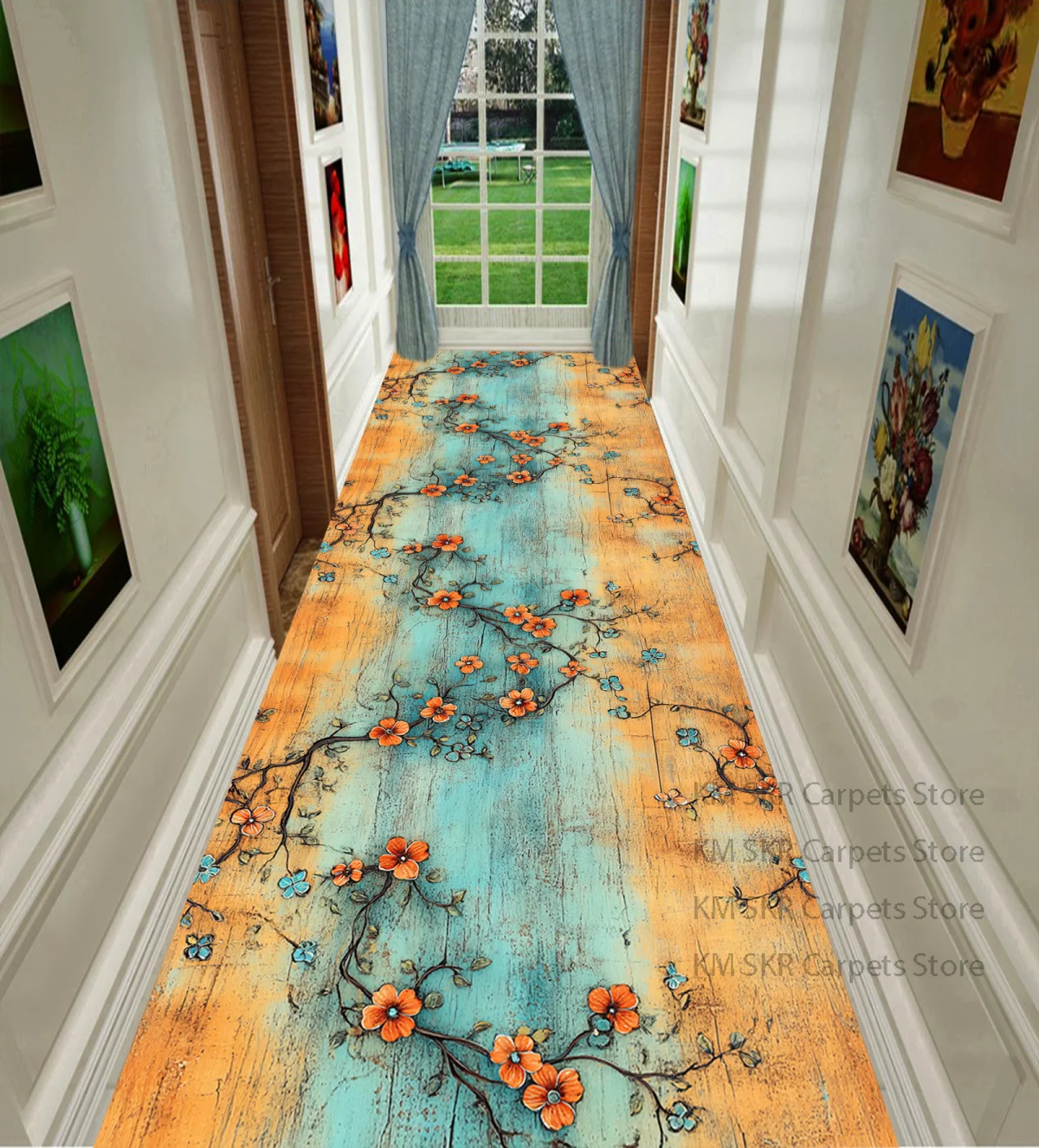 European Pastoral Floral Style Corridor Carpet Anti Slip Washable Kitchen Long Runner Rug Villa Hall Mat Large Size Customizable