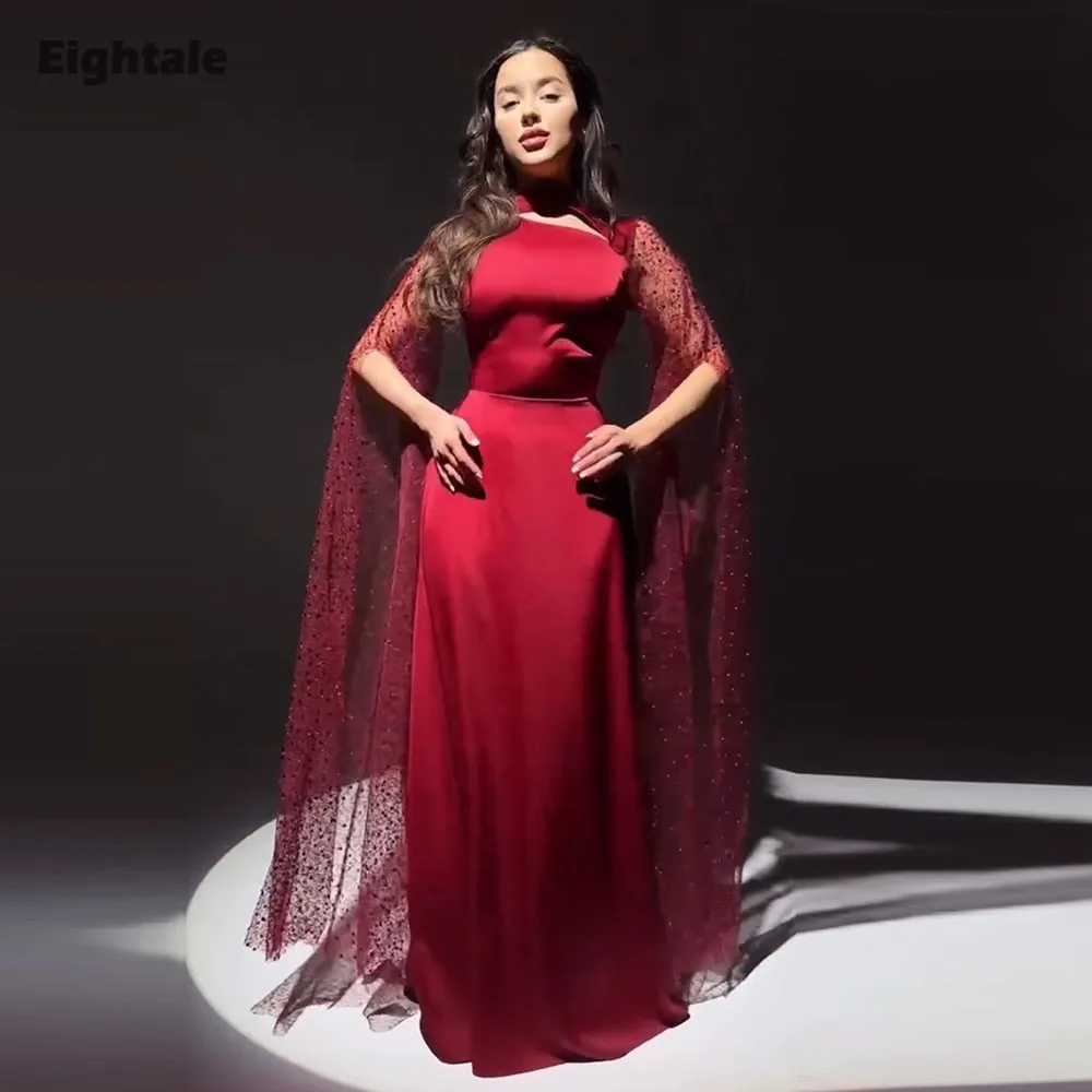 

Eightale Elegant Evening Dress O-Neck Customized Satin Long Sleeves A-Line Sequin Red Prom Wedding Party Gowns