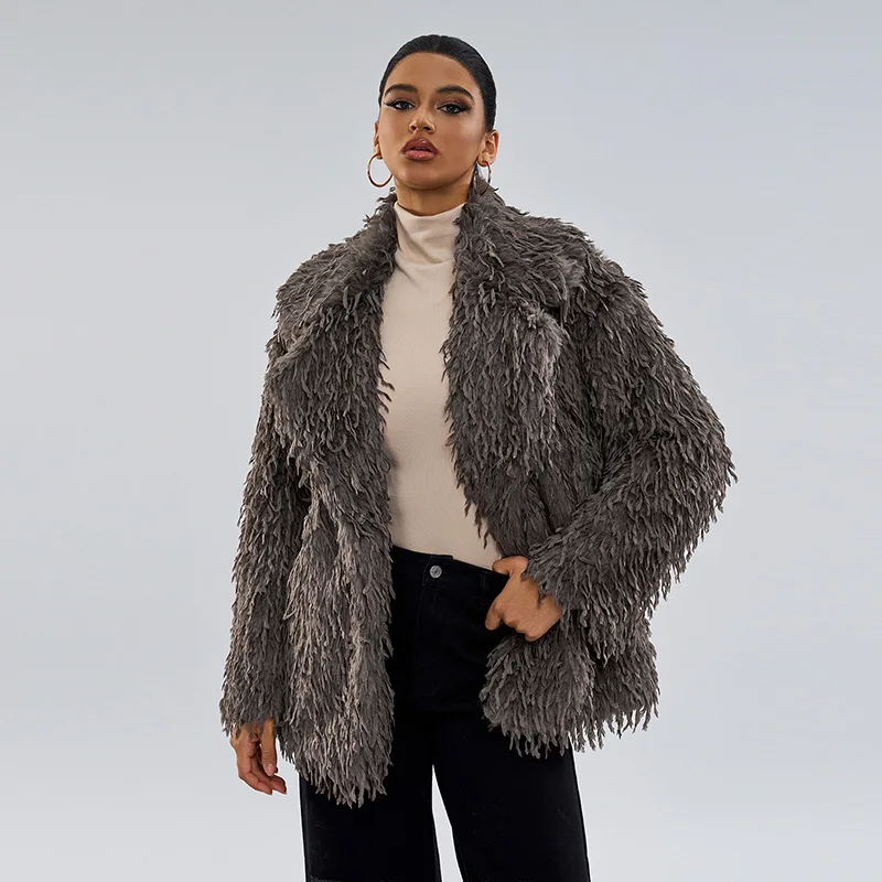 Women Faux Fur Mid Length Coats Jackets Casual Loose Turn Down Collar Coat Thick Warm Y2k Streetwear Jacket Autumn Winter
