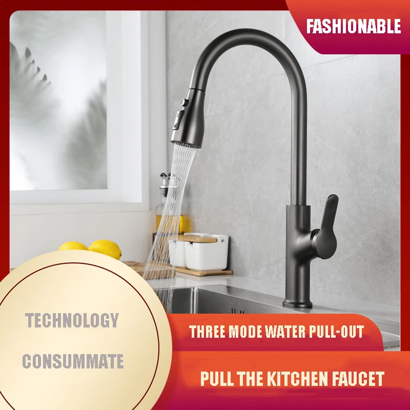 

New Pull Type Multi-Mode Water Splash-Proof Fathead Gun Grey Net Red Household Kitchen Hot And Cold Dish Basin Fathead