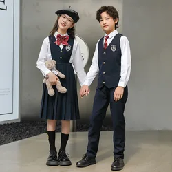 Uniforme escolar japonês para crianças, Camisa branca, Vestido Pinafore plissado da Marinha, Colete, Calças, Laço para menina, Conjunto de roupas para menino