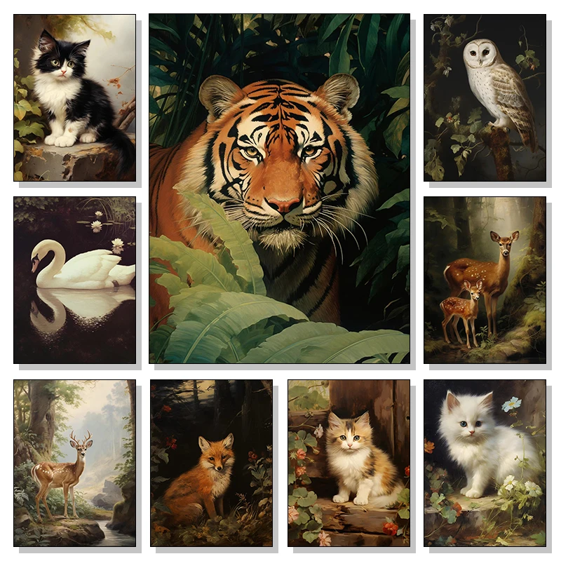 Vintage Bunny Fox Dog Owl Cat Tiger Deer Wolf Swan Poster Prints, Animal Canvas Painting Farmhouse Home Decor Cuadros