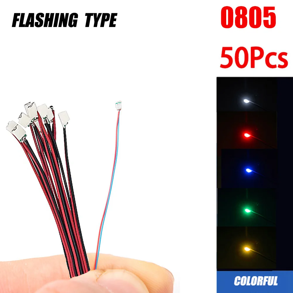 50Pcs/Set 0805 Flashing LED SMD Lamp Wired Micro Litz Led Pre-soldered Chip Wired 3V 30cm DIY Lead Wires Railway Model Toy Light