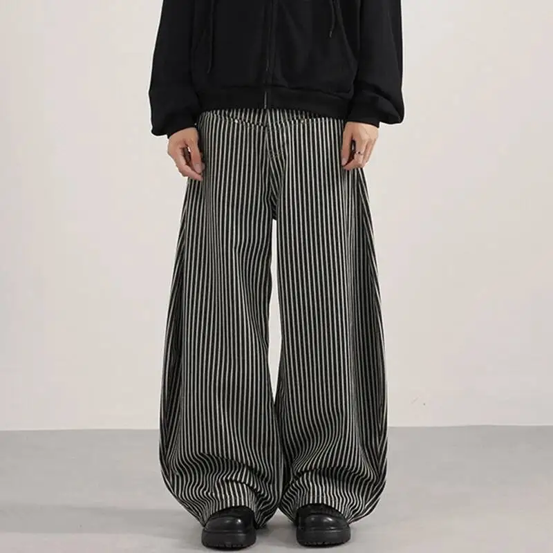 

Осенние мужские повседневные брюки в вертикальную полоску с широким карманом контрастного цвета, мужская одежда, свободная винтажная изогнутая подошва ножа