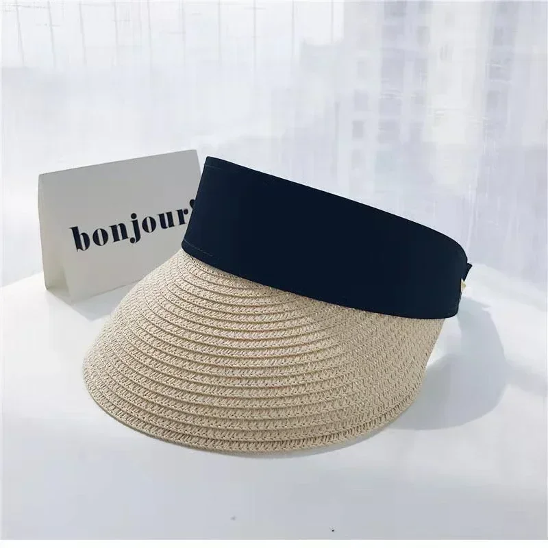 Women Summer Fashion Empty Top Suncap Portable Foldable Magic Tape Roll-up Beach Hat Wide Brim Sun Hat Fashion Casual Straw Caps