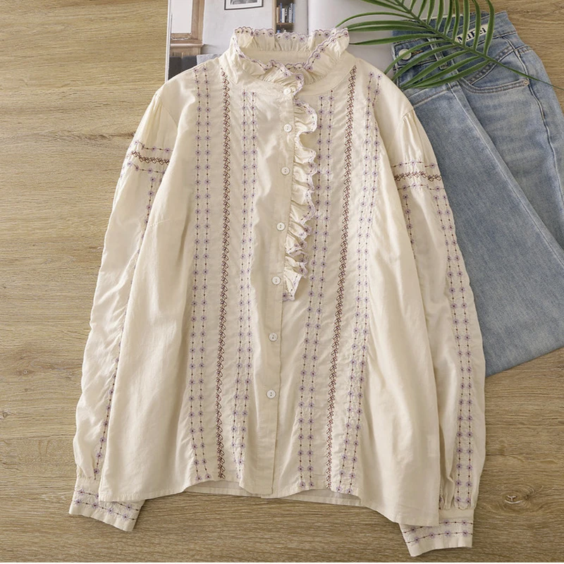 

Spring Autumn Retro Style Shirt Women Clothing Sweet Ruffles Embroidery Long Sleeved Female Cotton Shirts & Blouses U045