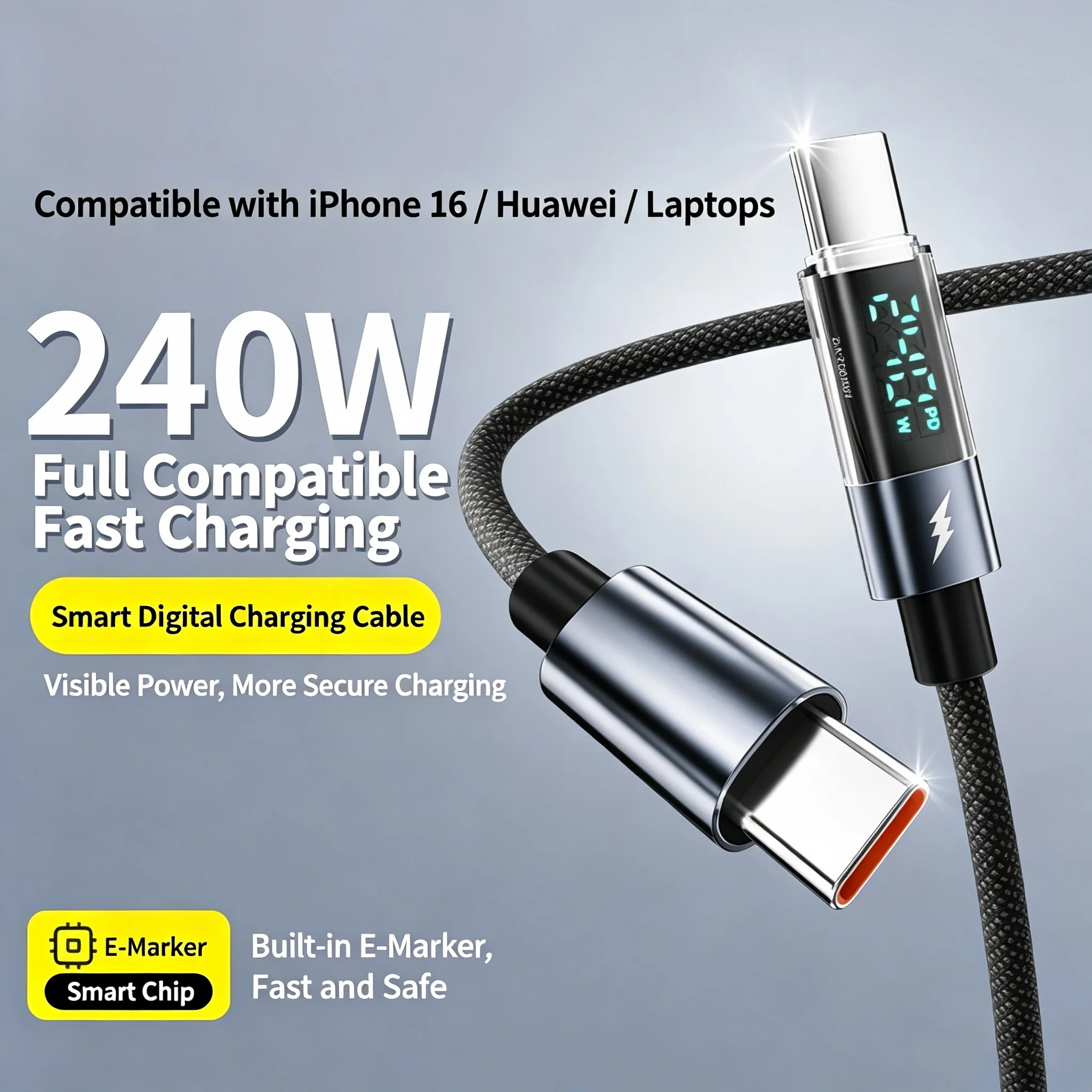 240W Type C to Type C Fast Charging Cable Digital Display USB C Data Cable For iPhone 17 16 15 Pro Max Samsung Tablet Laptop