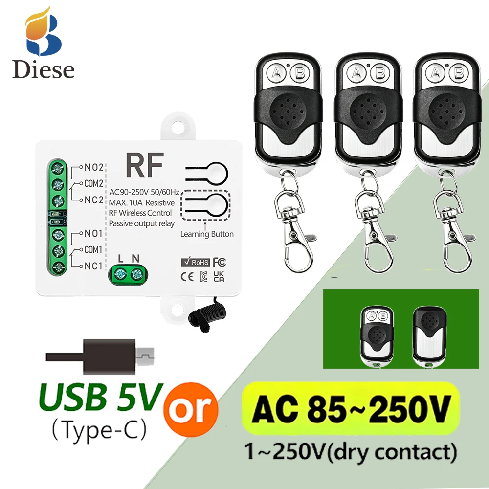 RF433Mhz Universal Wireless Remote Control AC110V 220V 2CH Relay Receiver Mini Transmitter for Garage Gate Electric Door Motor