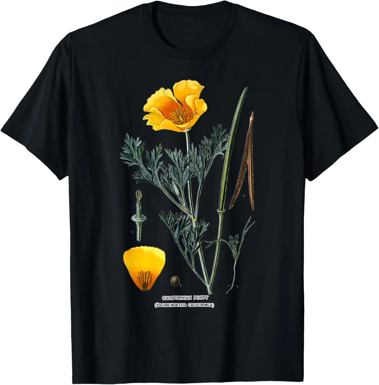 Californian Poppy Botanical Illustration Flower California T-Shirt