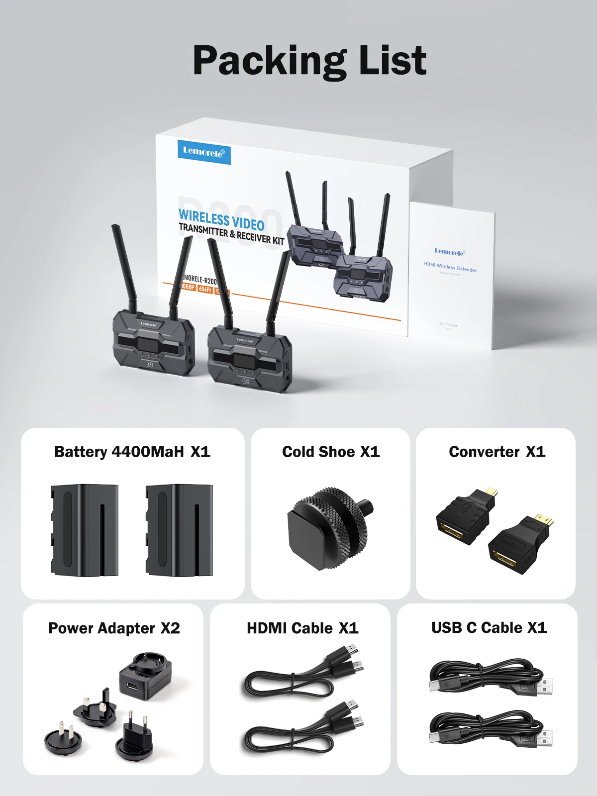 Lemorele-kit extensor inalámbrico de batería, transmisor y receptor HDMI inalámbrico de 5,8 Ghz, compatible con batería de cámara en vivo/PC a TV