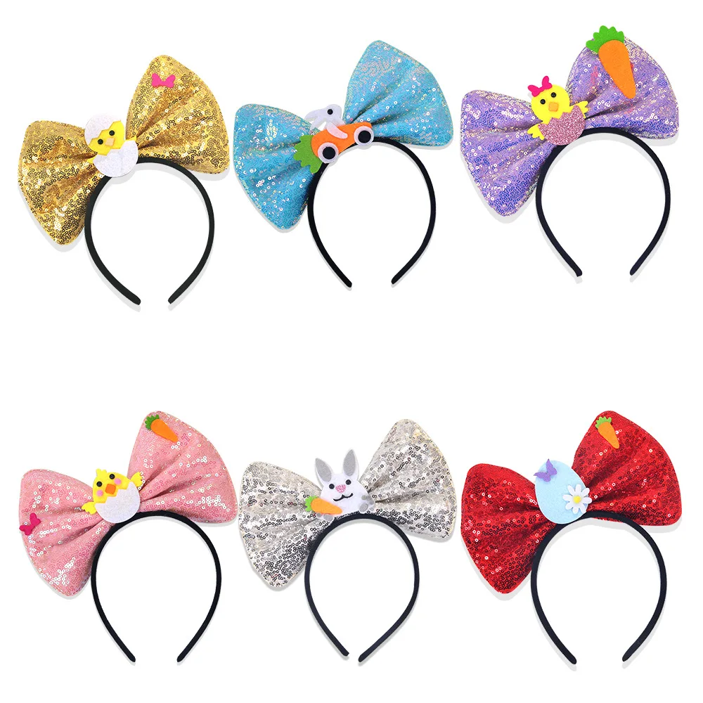 1PC Easter Sequin Bow Headband Cute Bunny Chicken Easter Egg Headdress Easter Party Hair Accessories for Children & Adults