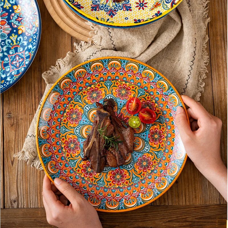 

Bohemian Ceramic Large Plate Household Steak Plate Western Creative Breakfast Vegetable Plate Restaurant Flat