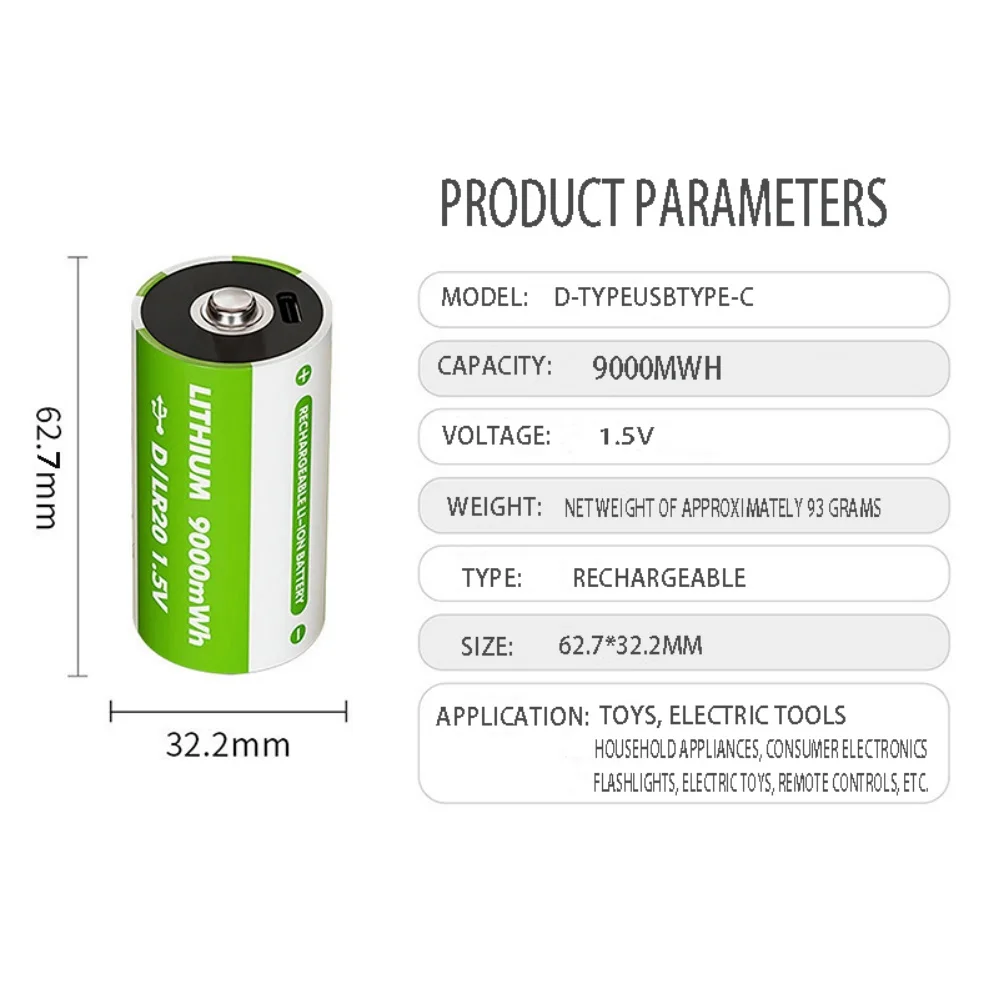 USB Rechargeable D Size Batteries LR20 Li-ion 1.5V 9000mWh With Type-C Cable For Gas Appliances image 4