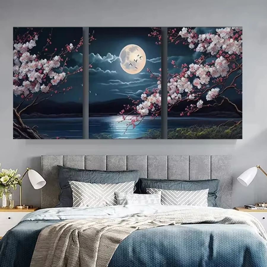 3PCS 5D DIY Diamond Painting Kit Japanese Cherry Blossom Moon Lake Landscape Diamond Mosaic Full Drill Embroidery Handmade Hobby