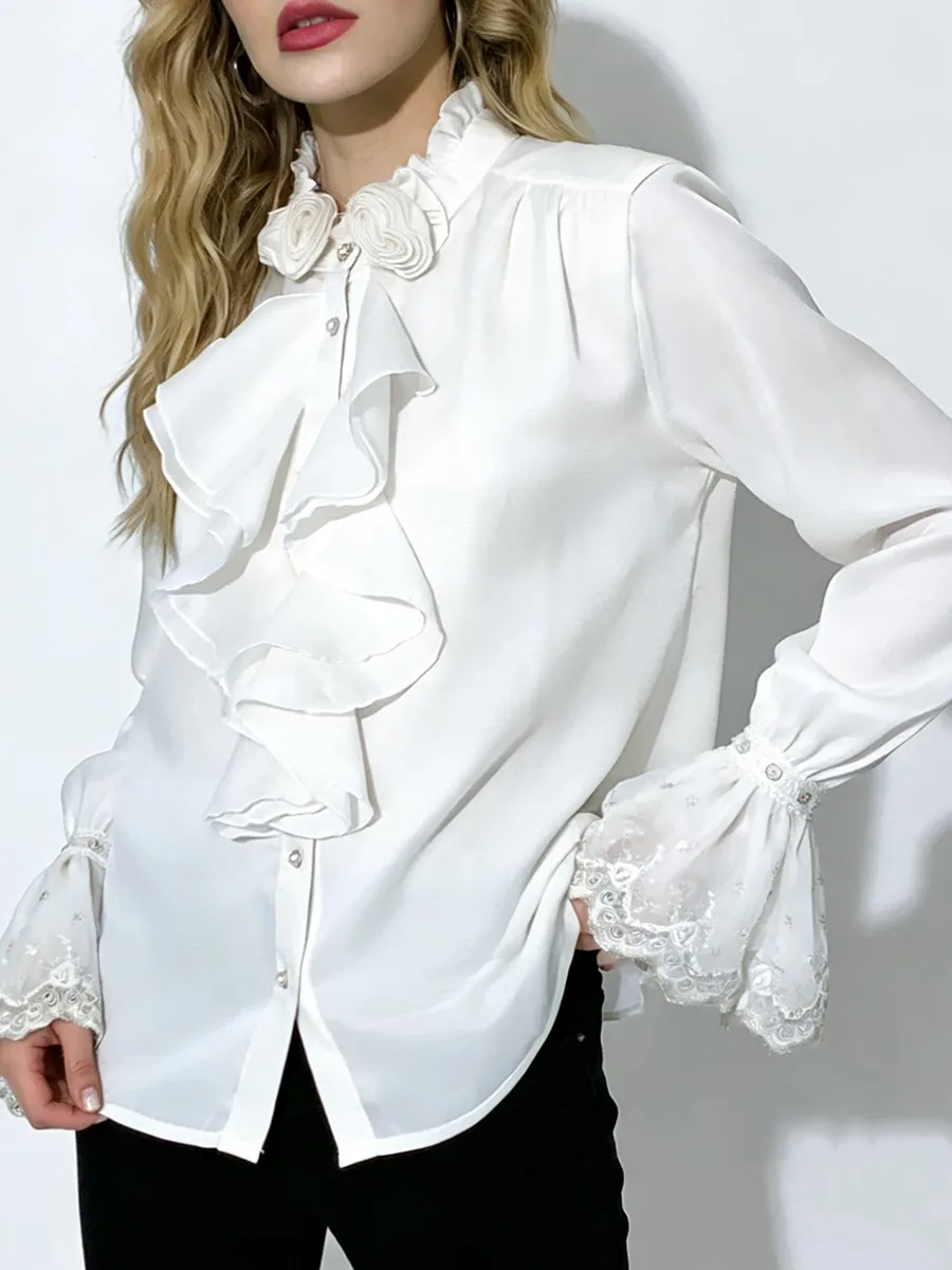 Volants en cascade 3D fleur chemises élégantes pour les femmes manches longues dentelle Patchwork décontracté hauts concepteur de mode chemises Blouses