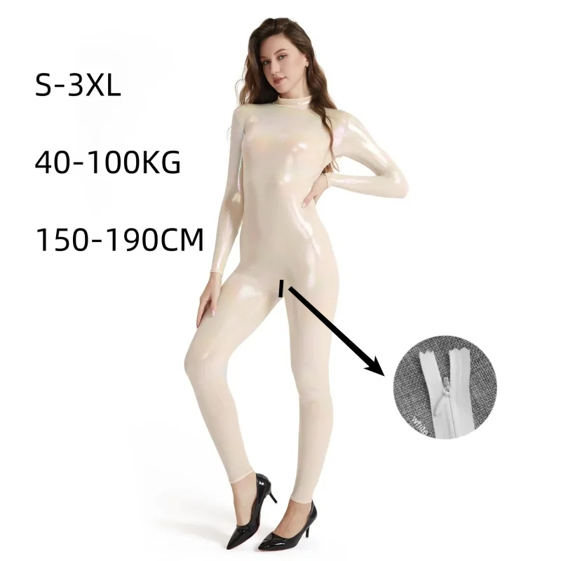 

Women's Sexy Shiny Long Sleeve Colorful Jumpsuits Gloss Oil Smooth Zipper High Neck Tights Yoga Bodysuits Roleplay Sportswear