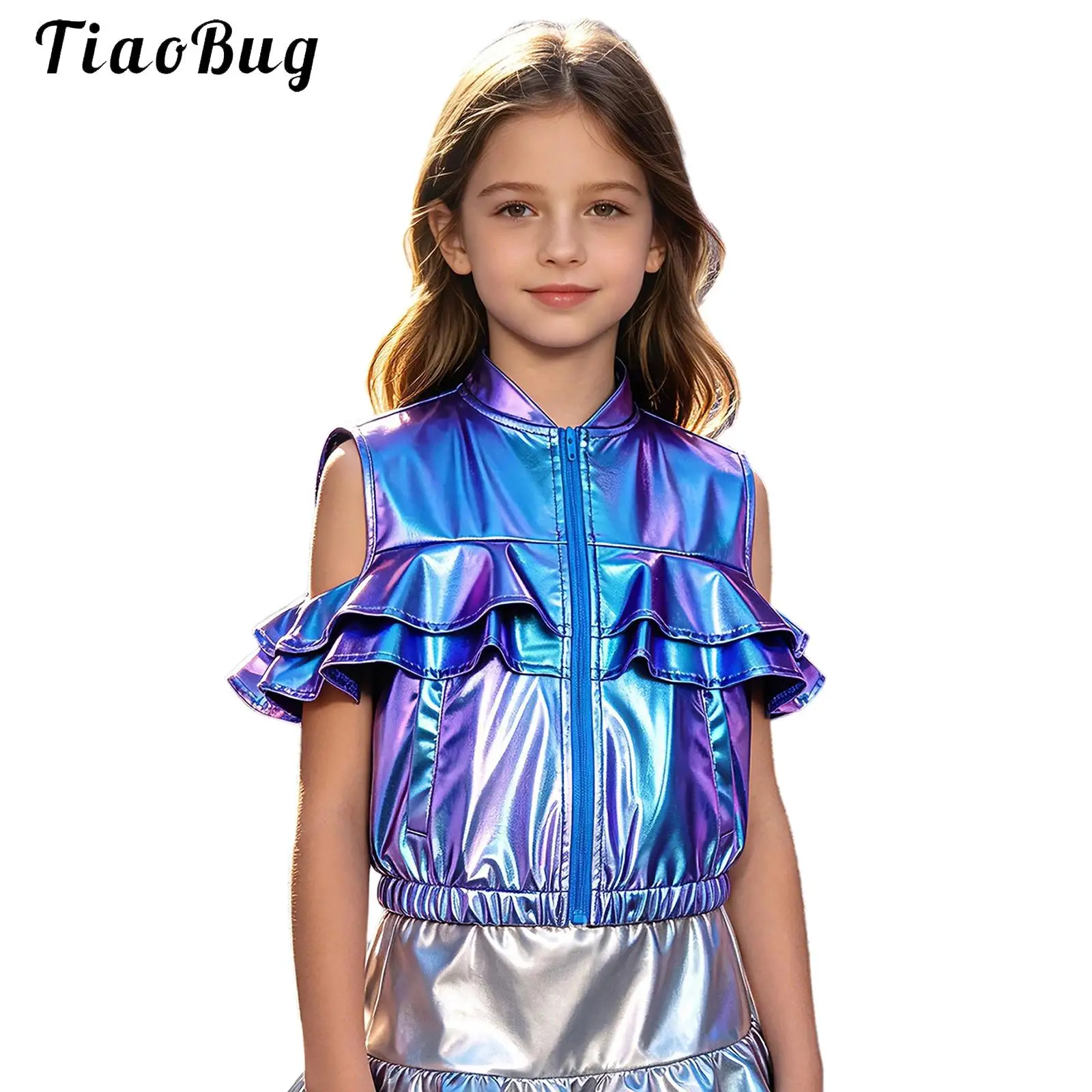 Girls Metallic Shiny Hip-hop Jazz Dance Vest Waistcoat Elastic Hem Sleeveless Zipper Jacket with Pockets Performance Streetwear
