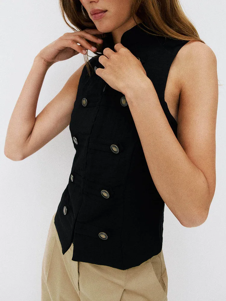High Collar Sleeveless  Color Casual Button Vest Top New Summer Women's Fashion Straight Sleeve Long Regular Length
