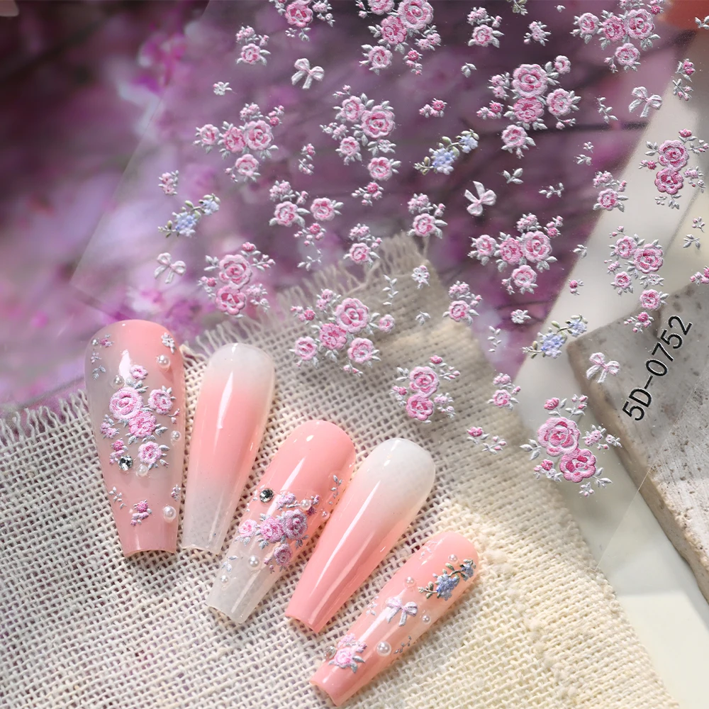 1Sheet 5D Embossed Pink Rose Nail Stickers Elegant Roses Cluster Self-Adhesive Nails Decals for Romantic Wedding Date Manicure 1