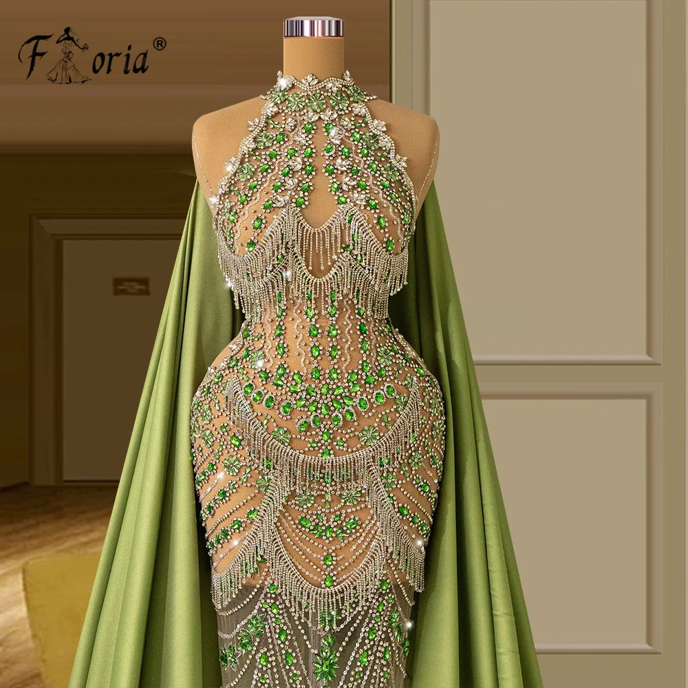 Muslim Dubai Green Mermaid Evening Dresses with Long Cape Full Beads Crystal Sleeveless Special Occasion Gown Formal Party Dress