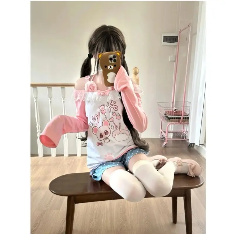 Women Clothing Kawaii Arcane Anime Printed T-Shirt Autumn New Subculture Pink Long-Sleeved Fashion Halter Design Sense T Shirt