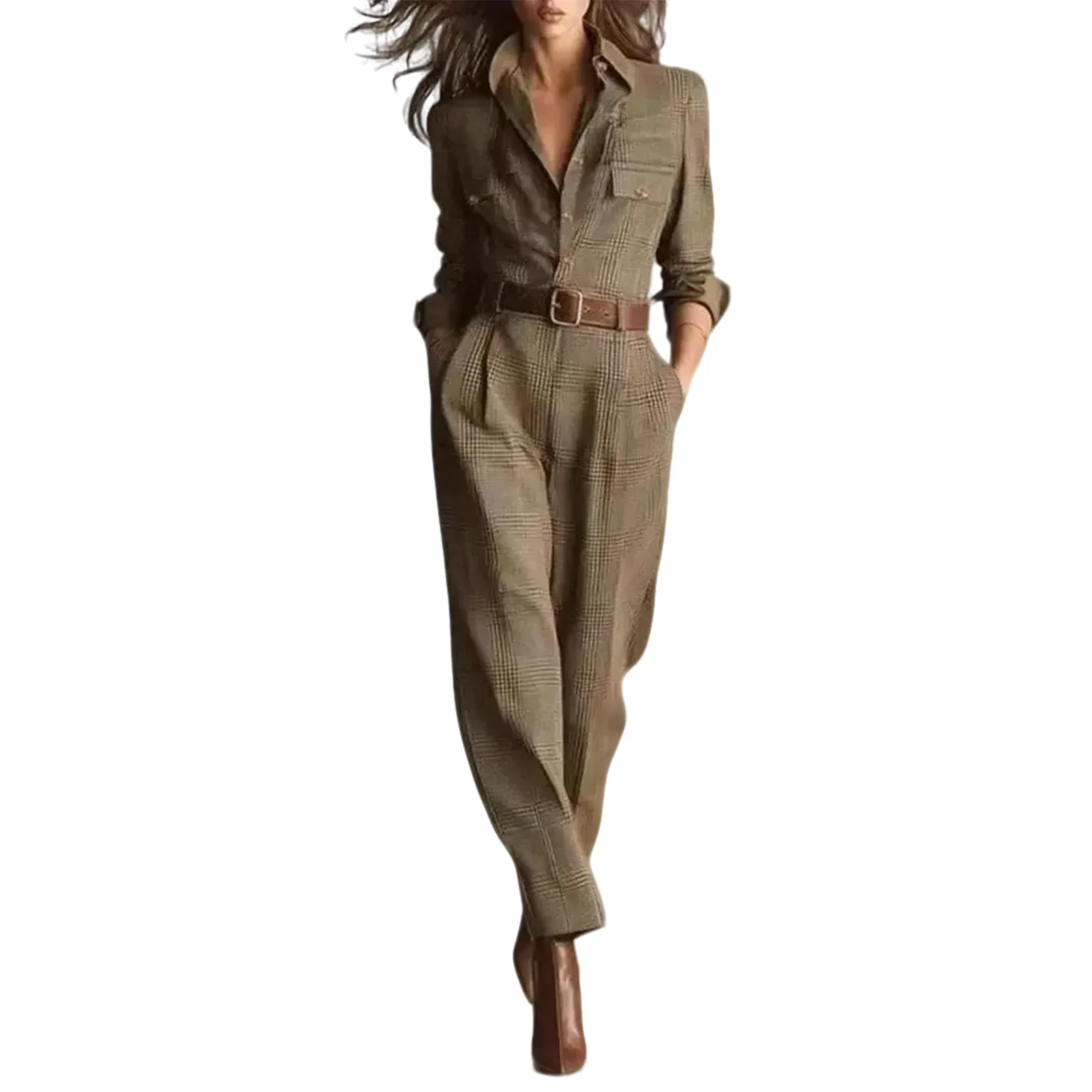 

Womens Jumpsuit Beige Plaid Shirt-Style Jumpsuits Belted Wide-Leg Casual Office Jumpsuits 2026 Fashionable Outfit Vestido