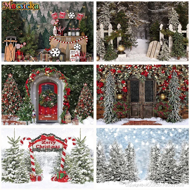 Photography Background For Merry Christmas Wreath Winter Forest Photo Backdrops Xmas Tree Gift Wooden Door Banner Studio Props