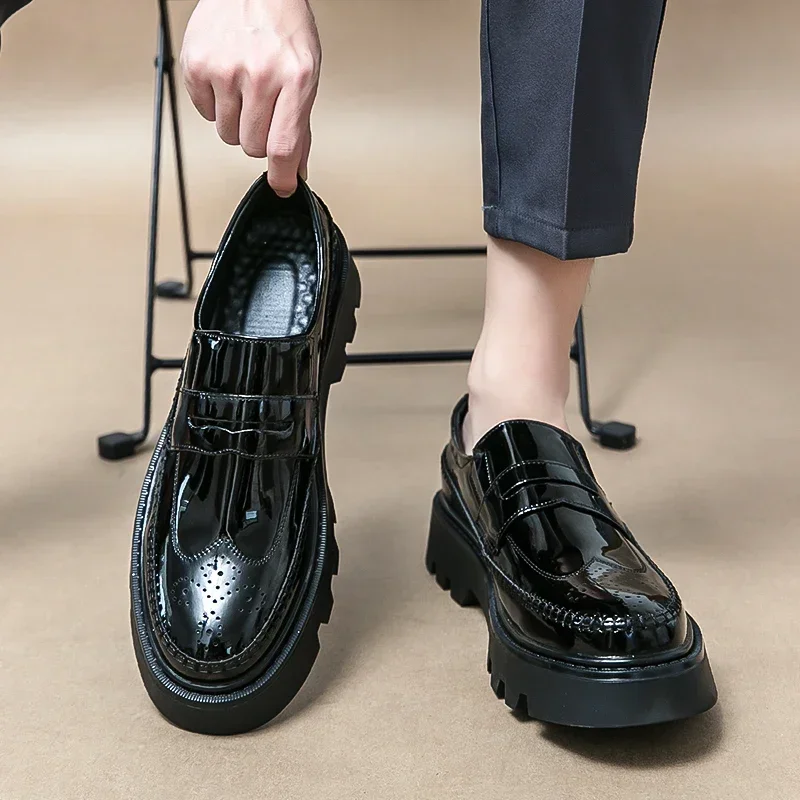 New Black Patent Leather Loafers Platform Men Shoes Round Toe Solid Slip-On Size 38-44  Mens Shoes