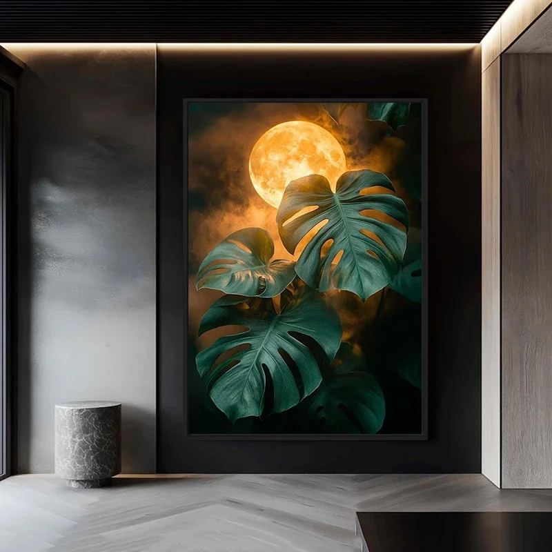 Moonlight Monstera Tropical Night Forest Poster and Prints Canvas Painting Wall Art Pictures Home Decor Cuadros