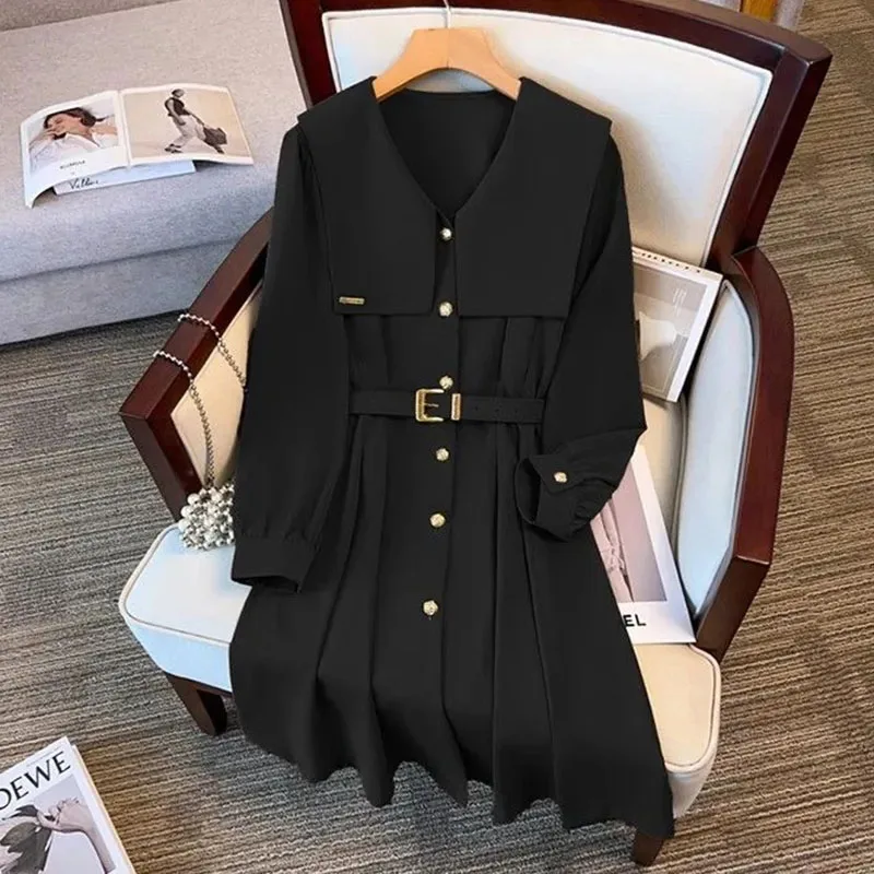 New Haute Couture Womens Dress Light luxury Navy Collar Long-sleeved Dresses Spring Summer Female Fashion Shirt Dresses Belt 4XL