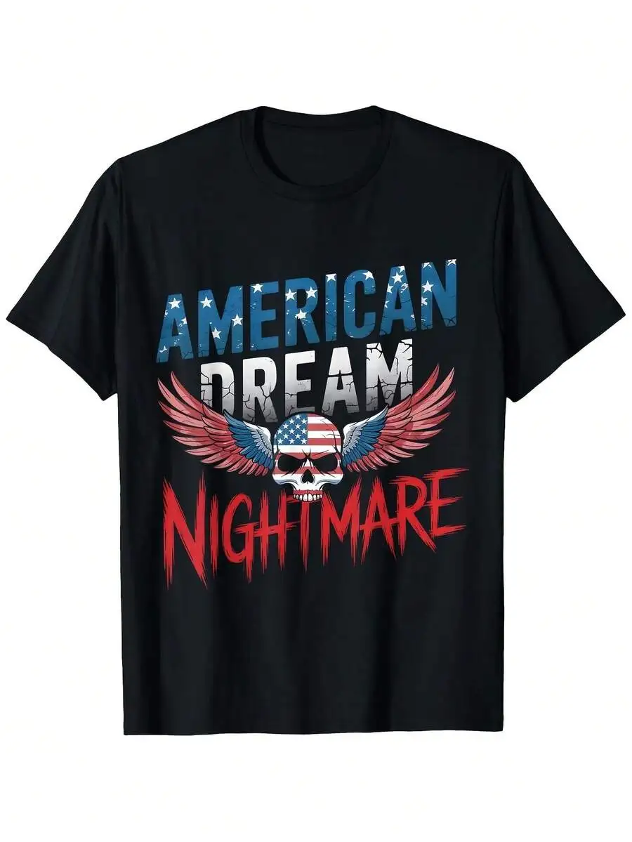 Men's American Dream Nightmare Wrestling Patriotic American Flag T-Shirt, Black Loose Fit Tee With Distressed Lettering And Skul