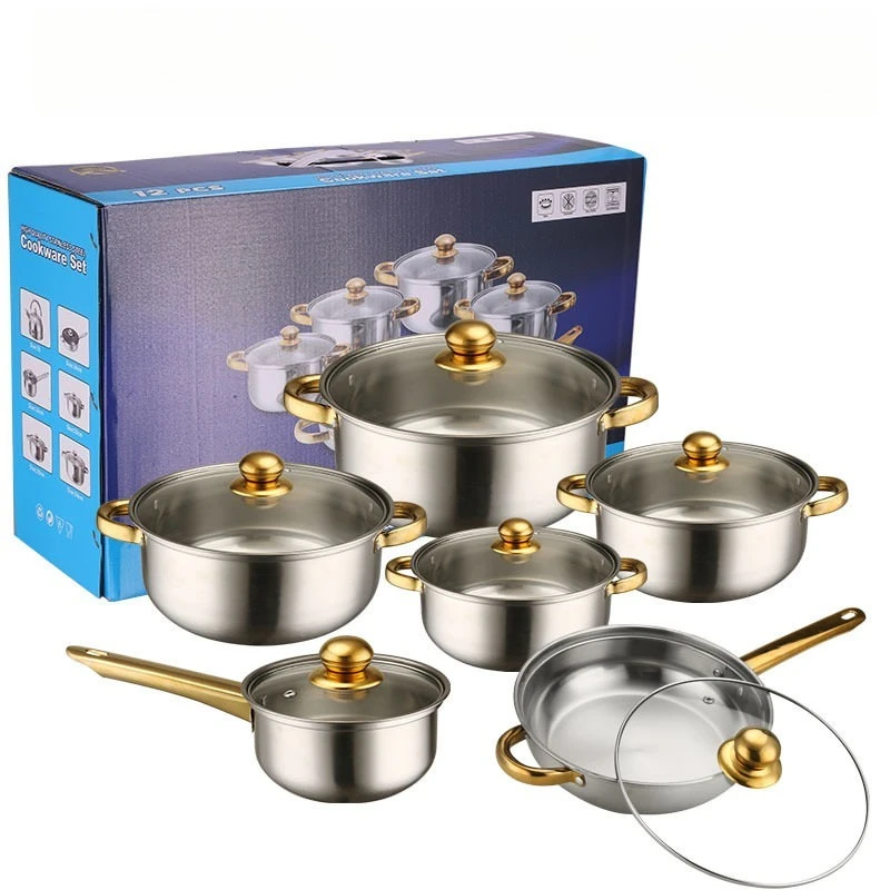 For 12-Piece Color Stainless Steel Set Pot Non-Stick Pot Gold Plated Handle
