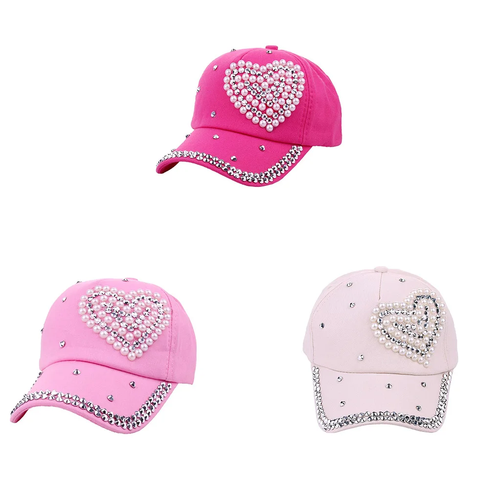 NEW Children Fashion Adjustable Heart Shaped Rhinestones Studded Peaked Cap Hat Kids Cotton Baseball Cap Winter Hat Cap