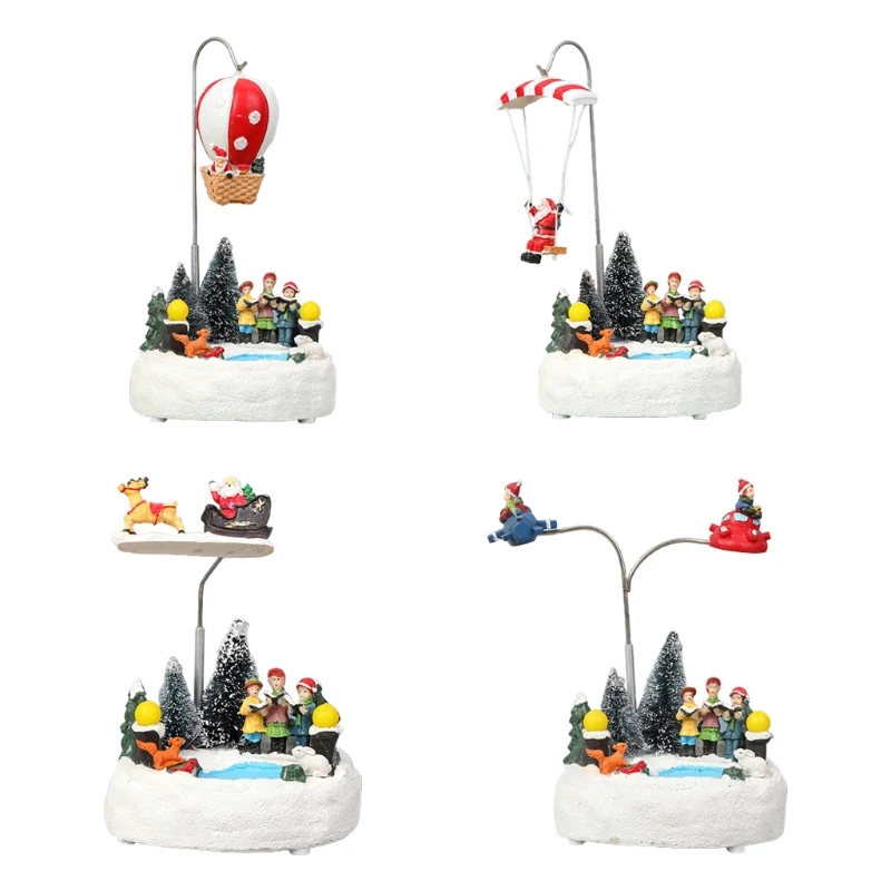 

for Creative Christmas Scene Resin Ornament with LED Light Music Animated Cartoon Rotating Street Lamp Figurines Xmas