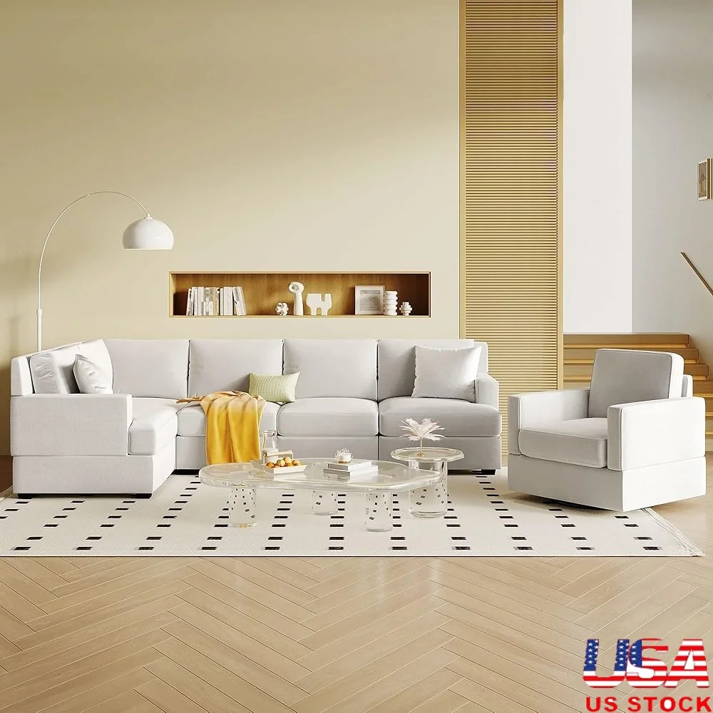 

Modular Sofa Set with Swivel Accent Chair Soft Cushions Solid Frame Stylish Living Room Furniture